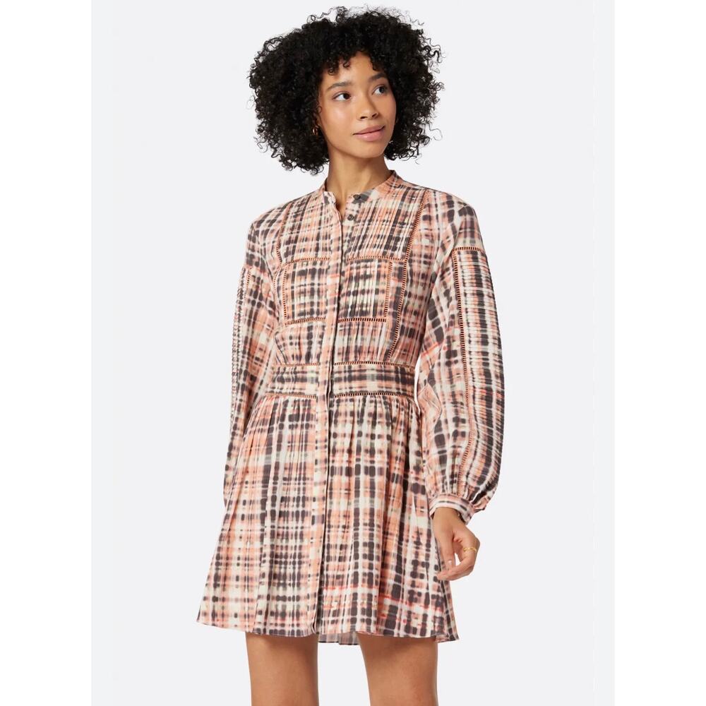 New Joie Charmesse Short Dress Long Sleeve Plaid Espresso Cotton Size 8 Pink